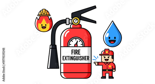 Fire Safety with Extinguisher, Water Drop, and Firefighter Cartoon Characters