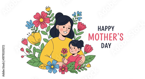 Happy Mother's Day celebration with a mother and child surrounded by beautiful colorful flowers and greenery