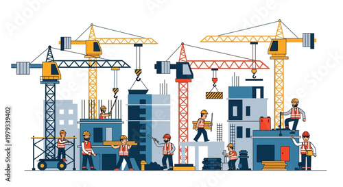 Construction Site Scene with Cranes and Workers Building Skyscrapers, Urban Development Project