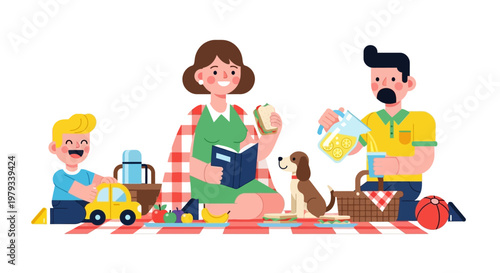 Family enjoying a delightful picnic together in the park with food and drinks, on a sunny day