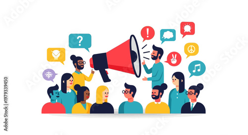 Diverse group of people listening to a megaphone with various social media icons floating around them, promoting communication and engagement