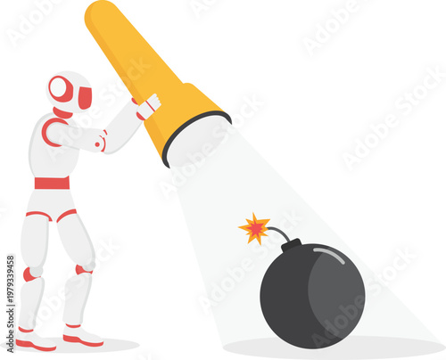 Robot with flashlight looking at a lit bomb