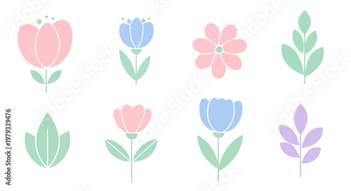 Set of Colorful Stylized Floral and Leaf Elements in Gentle Pastel Shades, Perfect for Spring Graphics, Nature Designs, and Digital Icons