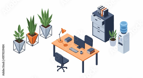 Modern office workspace with plants and equipment.