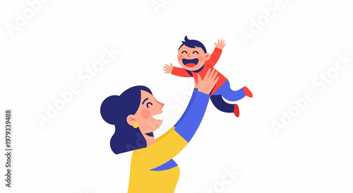 Joyful mother lifting her happy child in the air, celebrating a moment of pure bliss and connection