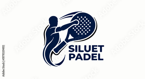 Dynamic silhouette logo of a padel player hitting a ball with a racket, designed in a bold and modern style. Professional sports branding concept suitable for padel clubs, communities, tournaments, an
