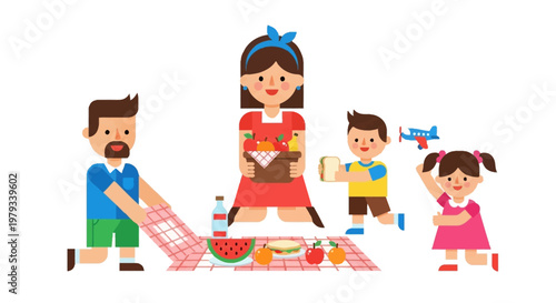 Cheerful family enjoying a vibrant outdoor picnic, parents and two children sharing a delightful meal and quality time together