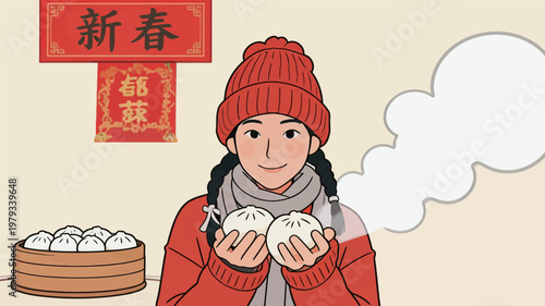 Woman Holding Steaming Buns for Chinese New Year
