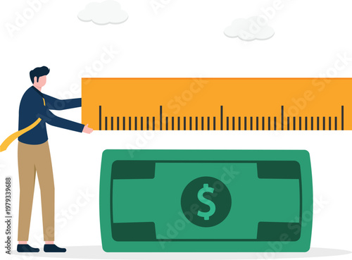 Professional measuring a giant dollar bill with a ruler