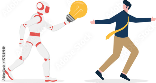 Robot offering a glowing lightbulb to a professional