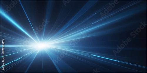 Bright blue abstract background featuring glowing laser rays and a star burst of energy with a light speed flare design