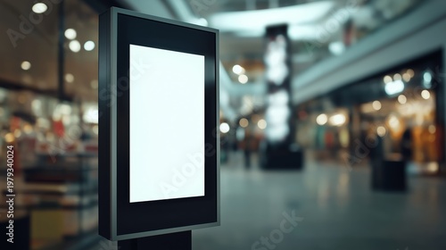  blank white digital display stands in modern shopping mall interior. Blurred storefronts and people for vibrant retail atmosphere. Symbolizes advertising potential, signage, and public communication