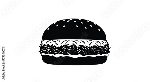 A stark black and white illustration depicts a classic cheeseburger with visible layers high quality professional