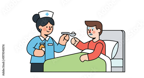 Nurse giving medicine to a sick patient in bed