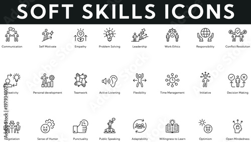 Soft Skills Icons vector illustration with thin line editable stroke containing communication, self motivate, empathy, problem solving, responsibility, adaptability, negotiation, decision making, time