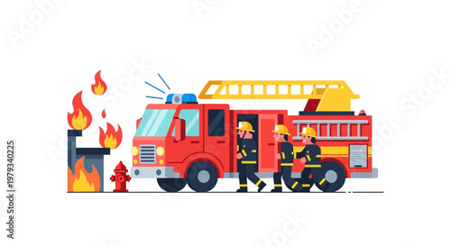 Firefighters respond to a burning building with a ladder truck and fire hydrant, depicting emergency services and safety