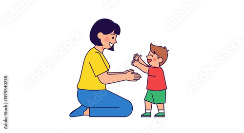 Joyful mother encourages her toddler's momentous first steps, celebrating early childhood development with loving support and guidance