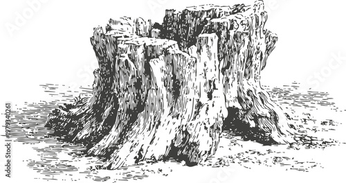 Old tree stump detailed engraving vintage wood texture, nature rustic illustration with bark and rings