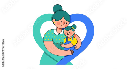 Tender moment of a loving mother embracing her joyful child, beautifully framed by intertwining hearts, symbolizing deep family connection and care in vibrant illustration