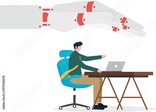 Giant robot hand trying to catch a professional at a desk