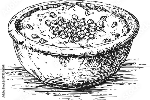 Wooden bowl filled with creamy porridge topped with seeds, hand drawn vintage