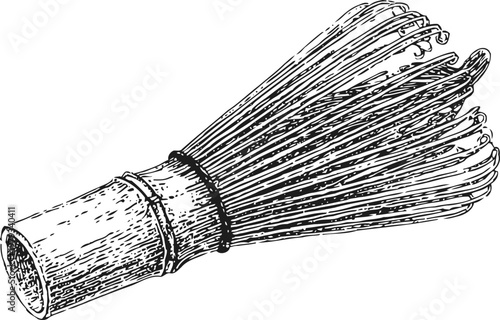Traditional bamboo matcha whisk for tea preparation japanese tea ceremony utensil, hand drawn rustic kitchen tool illustration