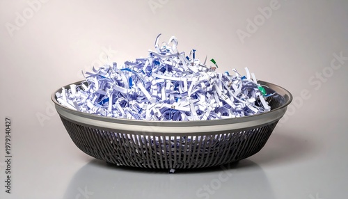 Basket filled with shredded paper, the pieces crumpled into a haphazard pile in an organized basket on a neutral surface