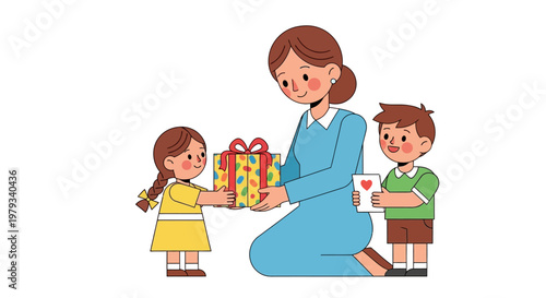 Mother receiving gifts from her two children on her special day, celebrating family love and joy