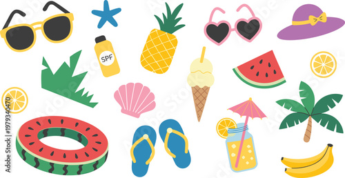 Summer beach vacation collection set, cute holiday icons including sunglasses, pineapple, flip flops and tropical fruit vector illustration