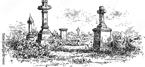 Old cemetery engraving with cross gravestones and overgrown grass in vintage illustration