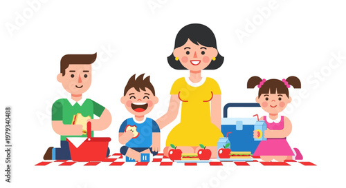 Happy Family Enjoying a Picnic Together Outdoors with Food and Drinks