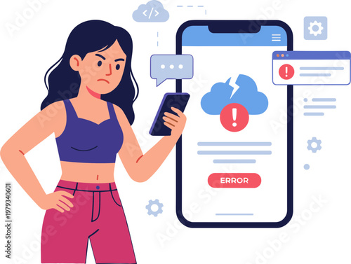 Woman experiences error on mobile device with cloud notification