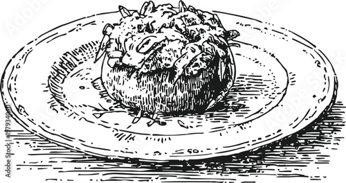 Vintage illustration of a stuffed mushroom appetizer on a round plate with finely chopped topping