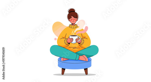 Cozy woman enjoying a warm beverage in a relaxed seated position with a serene expression