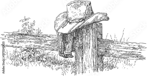 Cowboy hat and saddle resting on wooden fence post with grass and plants around