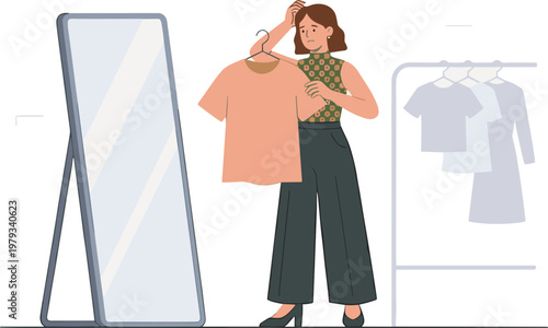 Woman tries on clothes in front of a mirror with a rack nearby