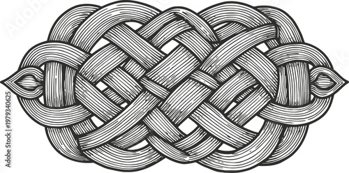 Intricate celtic knot design with detailed shading and interwoven loops in monochrome