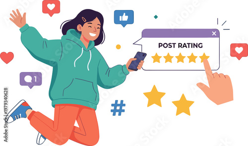 A woman happily rating a post with thumbs up and social media icons floating around her