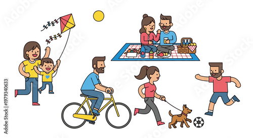 Family and friends enjoying a sunny day outdoors with various recreational activities like kite flying, cycling, and picnicking