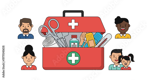 Medical emergency first aid kit with diverse people illustrations representing community healthcare and wellness