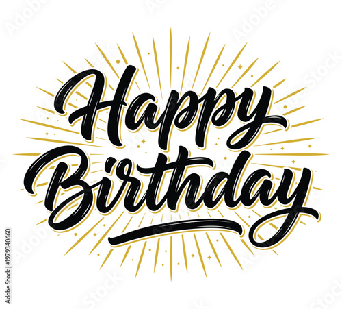Vintage gold font design featuring fun happy birthday greeting text with cartoon comic style illustrations