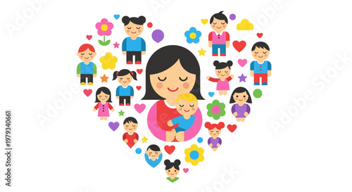 Heart shape illustration filled with diverse children embracing a mother, symbolizing love and family bond