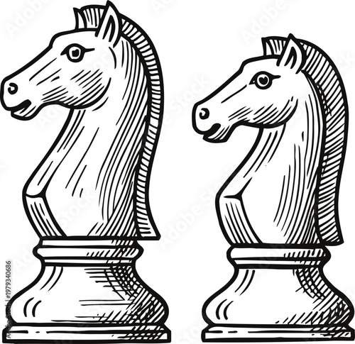 Two chess knight pieces classic game strategy symbols with detailed carved horse heads