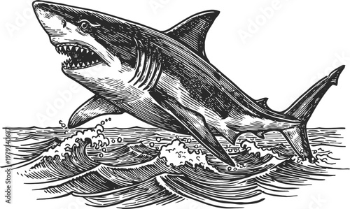 Great white shark breaching ocean waves fierce predator fish jumping, marine wildlife illustration