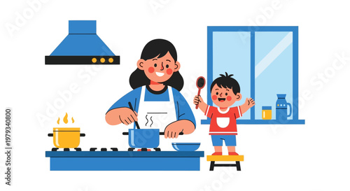 Joyful mother and child cooking together in a modern kitchen, creating happy memories while preparing a delicious meal