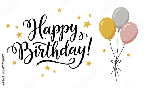 A colorful vector illustration of a happy birthday greeting card featuring a festive party decoration of balloons and confetti for a fun celebration event