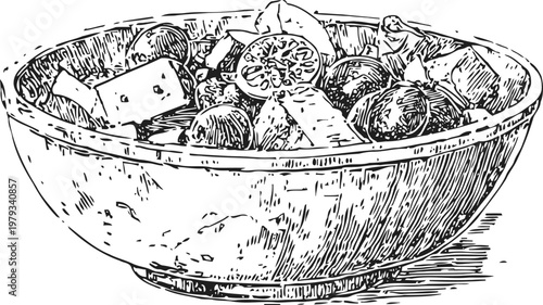 bowl of fresh vegetable salad with tomatoes, cucumbers and greens, hand drawn illustration