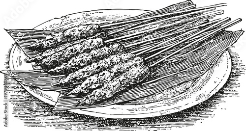 Grilled meat kebabs on skewers served on a plate with flatbread illustration