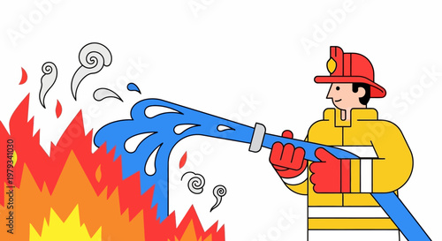 Firefighter bravely extinguishing a large blazing fire with a hose spraying water, illustrating emergency services and safety