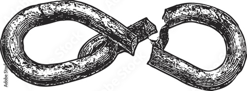 Broken metal link chain vintage engraved illustration of rusted iron connection failure and industrial damage